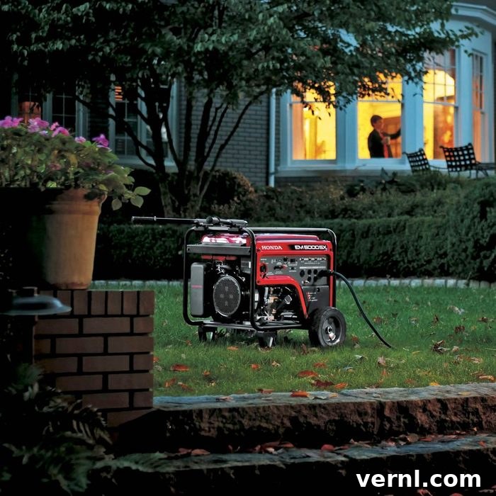 Bulletproof Your Backup: The Ultimate Generator Maintenance Handbook 3 A portable generator is placed on a lawn in the foreground, with a large house in the background displaying illuminated windows. Inside the house, two people are visible through the windows, possibly engaged in conversation. The scene is set during the evening.