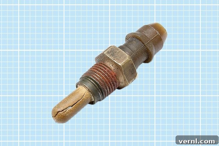 Replacing Your Car's Coolant Temperature Sensor 2 A worn, crack-filled engine ignition glow plug against a light blue graph paper background.
