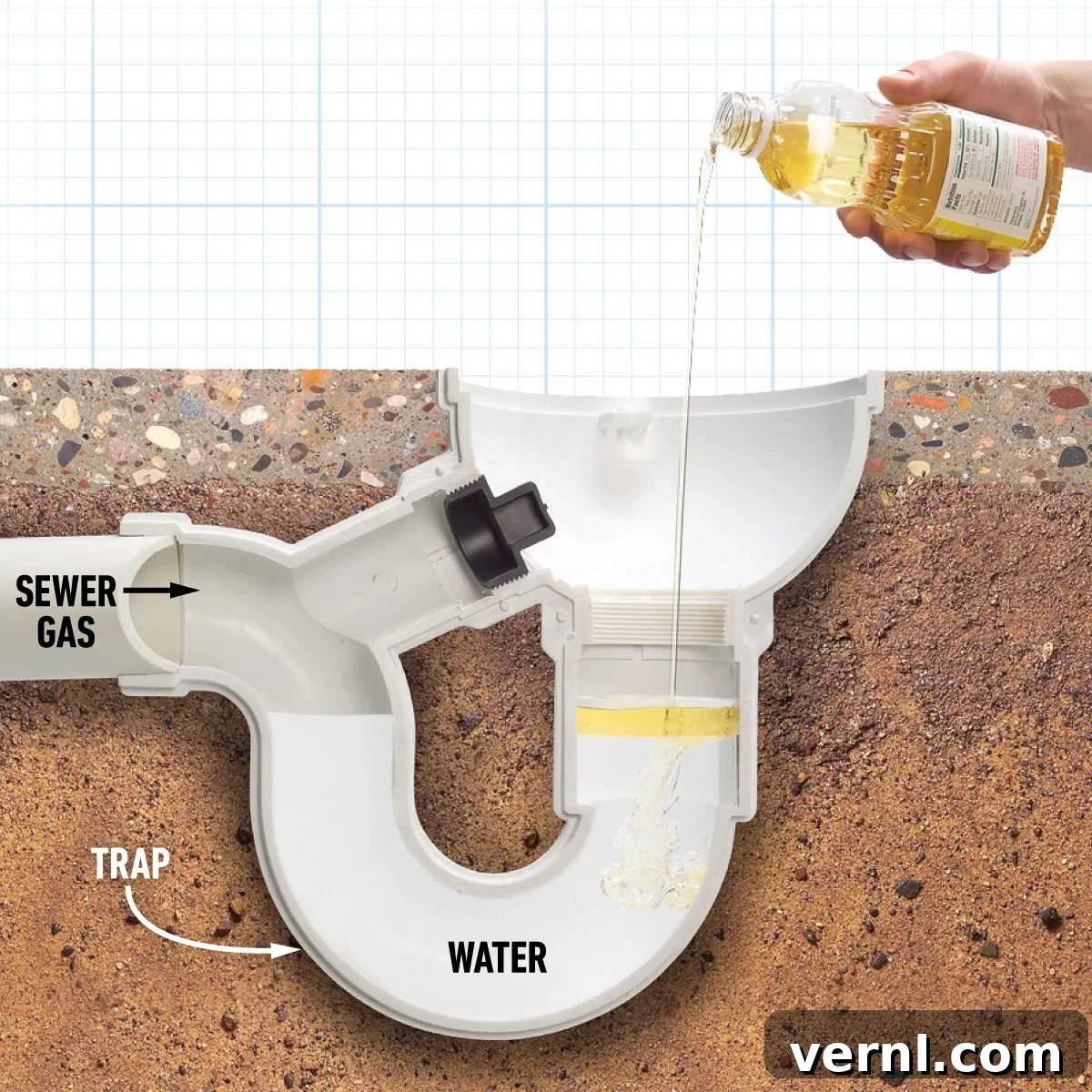 A close-up shot of a floor drain or shower drain with a visible layer of oil on top of water, preventing evaporation and sewer gas smells.