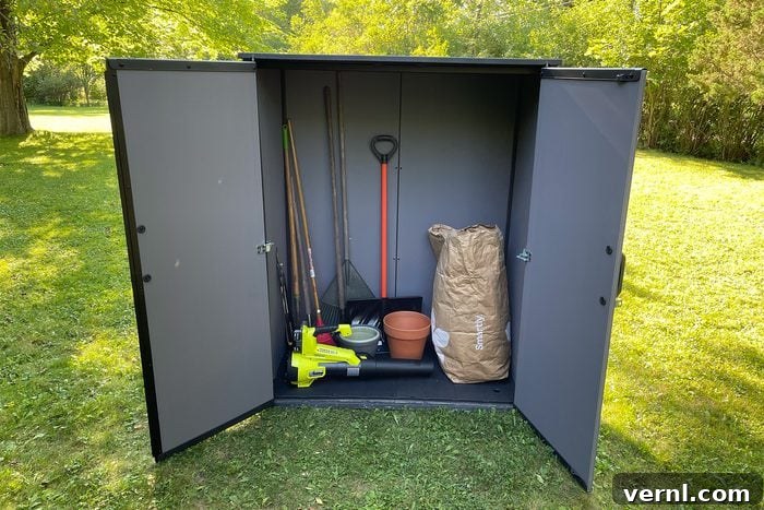 Keter Storage Shed Review: Smart Storage for Small Outdoor Spaces 8 Keter Shed opened up with tools in it