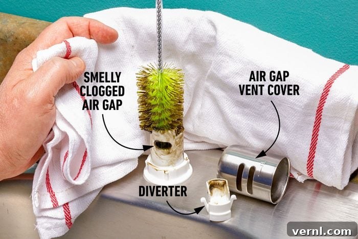 Dishwasher Air Gap Leaking How To Stop It 2 When water is coming out of your dishwasher air gap, it's often a sign of a clog that needs cleaning. This image shows the air gap on a kitchen countertop.
