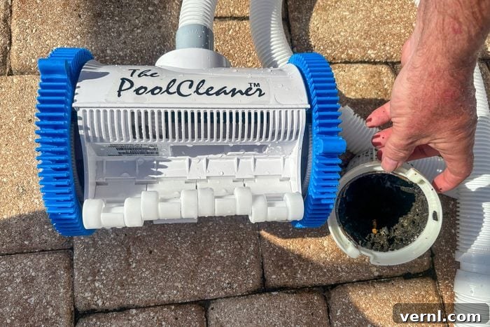 Close-up of the Hayward Pool Cleaner's filter next to a hand, highlighting its debris collection.