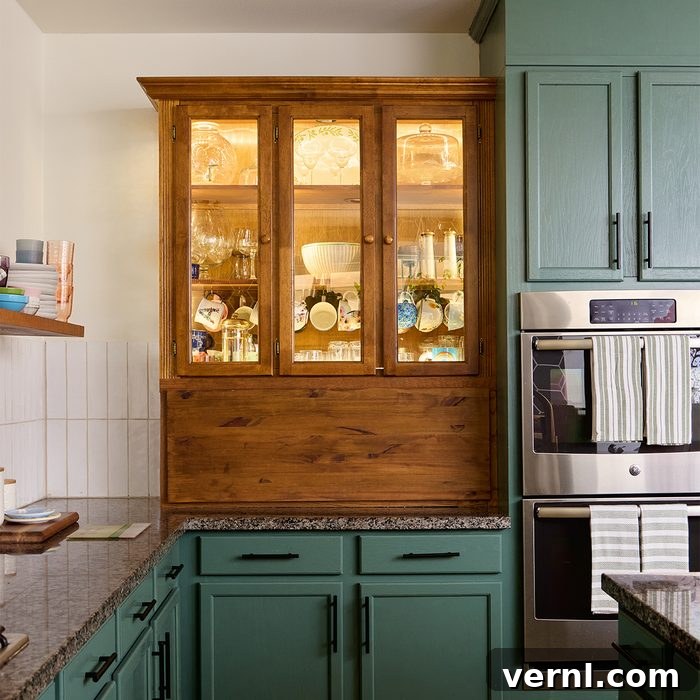 The Craft of Influence: Kyle Ortiz's DIY Legacy Home 2 A kitchen with green cabinetry, granite countertops, and modern appliances. A wooden hutch with glass doors displays various dishes and glassware. A striped towel hangs from the oven handle. A shelf with books and a bowl is visible on the left wall.