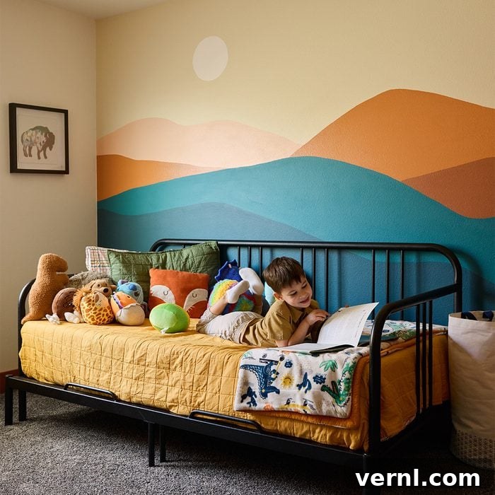 The Craft of Influence: Kyle Ortiz's DIY Legacy Home 6 A young child lies on a bed with a yellow quilt, surrounded by plush toys. The wall behind the bed features a colorful mural of rolling hills in shades of blue, orange, and tan. The room also has a framed picture of an animal and a laundry basket.