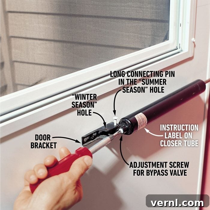 Understanding the Two Screw Holes on Your Storm Door Closer 2 A piston-style door closer is shown mounted on a door with labels indicating parts, including the long connecting pin in the "summer season" hole, "winter season" hole, door bracket, adjustment screw for bypass valve, and the instruction label on the closer tube.