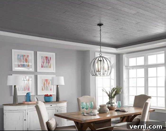 A modern room featuring Armstrong Woodhaven Woven Charcoal Gray ceiling planks, adding texture and warmth.