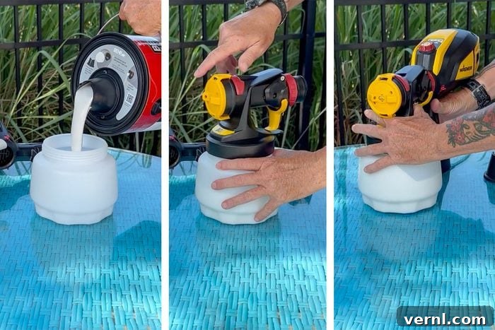 Wagner Flexio 3500: My Secret to a Flawless Paint Job 3 Three-panel image showing steps for using a paint sprayer. The first panel shows pouring paint into a sprayer container. The second panel depicts attaching the sprayer component to the container. The third panel shows securing the sprayer and container together.