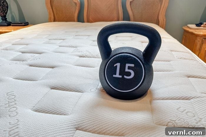 Naturepedic Eos Mattress with a kettlebell on it.