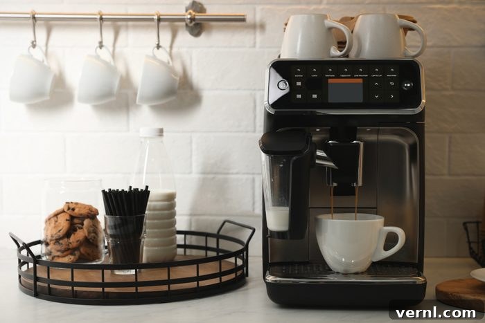 Modern Coffee Machine On Countertop In Office Kitchen, highlighting a cozy coffee station