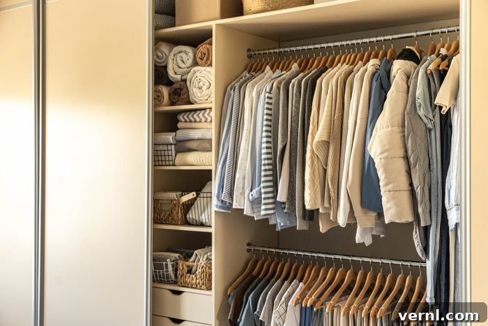 Large Wardrobe Closet With Different Clothes. The Concept Of Storage And Tidiness Order.