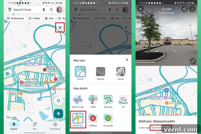 Unearthing the Past: Finding Old Photos with Google Maps 2 Google Maps app screenshots showing layers, Street View, and 'See more dates' option