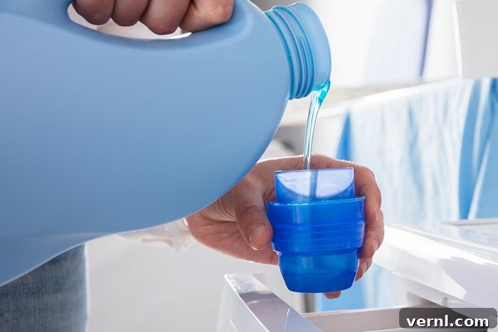 A person is pouring liquid detergent into a measuring cup for laundry