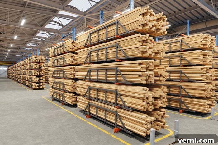 Stacks of lumber in a lumberyard warehouse, illustrating the volume of wood required for construction.