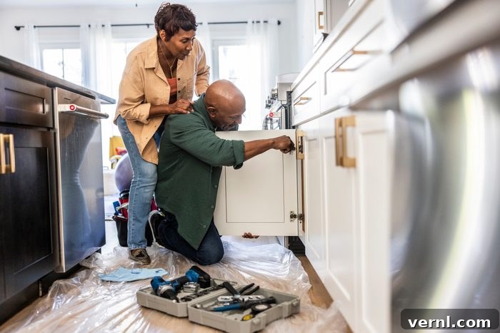 Tariffs Raise DIY Project Costs 3 Senior couple repairing kitchen cabinet at home, emphasizing DIY savings