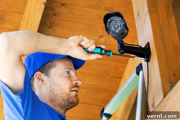 Technician installing surveillance camera in the house carport