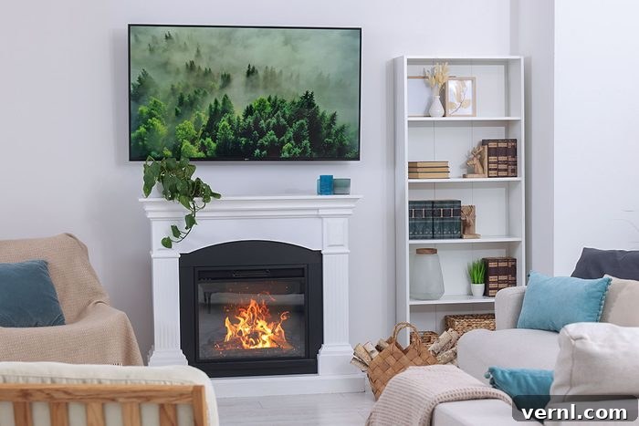 Fireplace TV: Smart Mounting for a Perfect Setup 2 Stylish living room interior with cozy sofa, TV set and fireplace