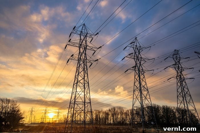 When Utilities Kill the Lights Deliberately 2 Power lines against a sunrise backdrop illustrating the critical infrastructure affected by planned blackouts for wildfire prevention.