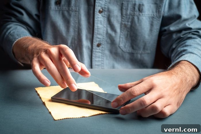 Smartphones in 2025: To Case or Not to Case? 2 Man applying scratch resistant protective glass to smart phone screen close up