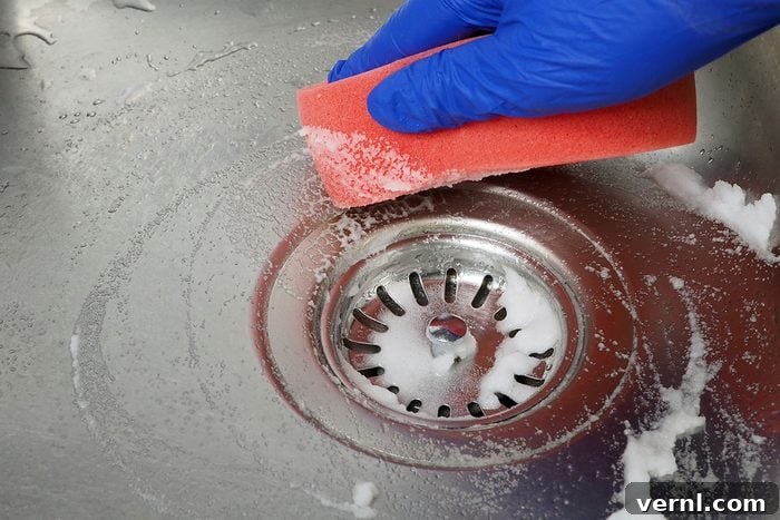 The Secret to a Radiant Stainless Steel Sink 2 Vinegar and baking soda for cleaning the kitchen sink. A bottle of white vinegar and a box of baking soda are placed next to a clean kitchen sink.