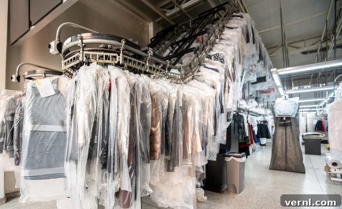 Home Washing Secrets for Dry Clean Only Garments 2 Industrial dry cleaning warehouse with conveyor belt full of clothes