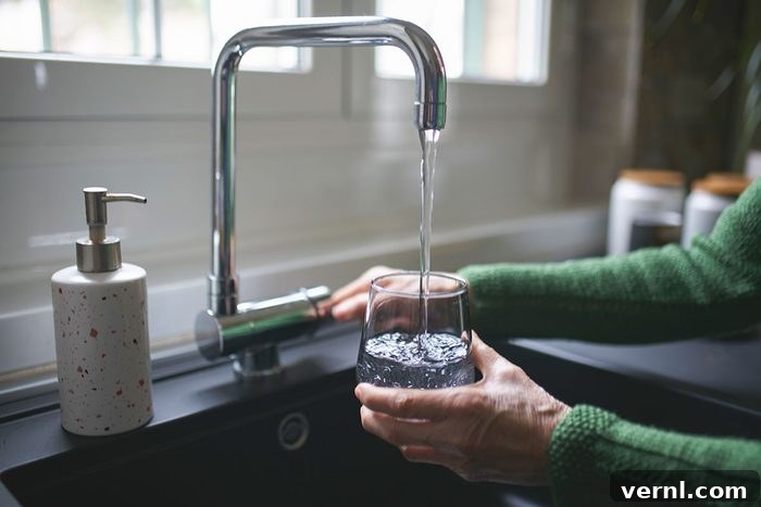 Close up of a senior woman's hand filling a glass of filtered water right from the tap in the kitchen sink