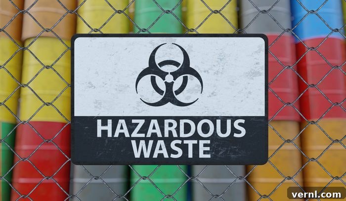 Legal and Safe Gasoline Disposal 2 Hazardous waste sign on chain link fence. Oil barrels in background