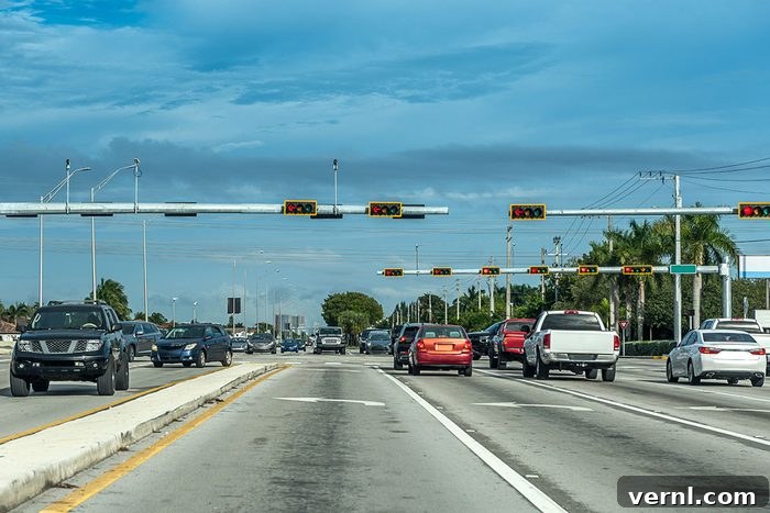 Mastering Horizontal Traffic Lights: Decoding Their Design and Directives 2 Traffic stopped by the traffic light at a Miami intersection.