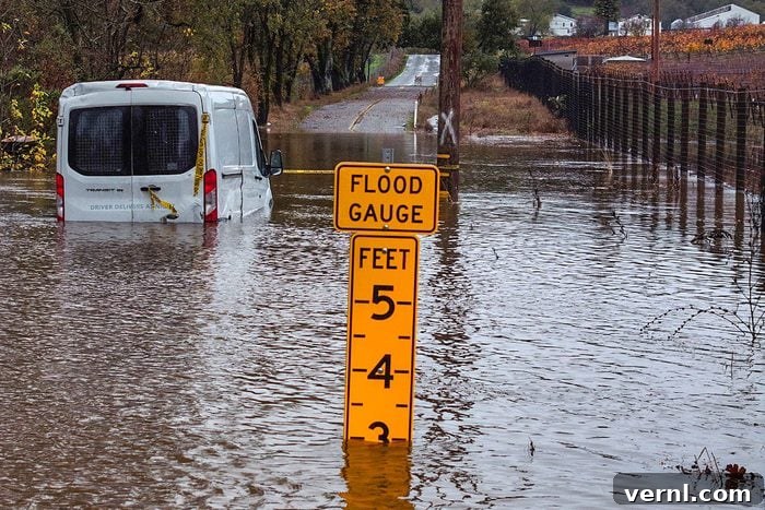 A small van sits stranded in floodwater with flood gauge in the middle