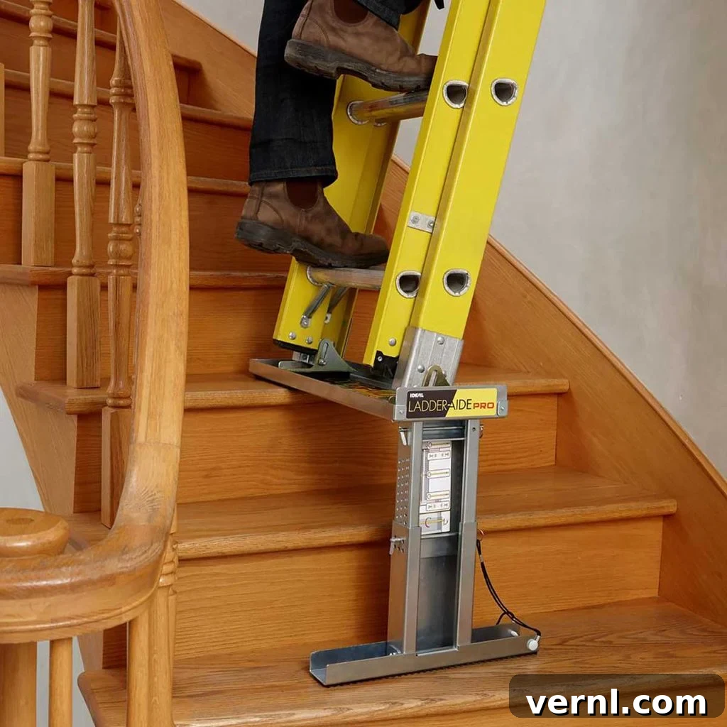 Safe Ladder Use on Stairs What the Professionals Advise 2 A yellow ladder rests on a stair aid device, with a person stepping on it near a wooden staircase, demonstrating a secure and level ladder setup on stairs using a specialized leveling platform, emphasizing professional safety practices.