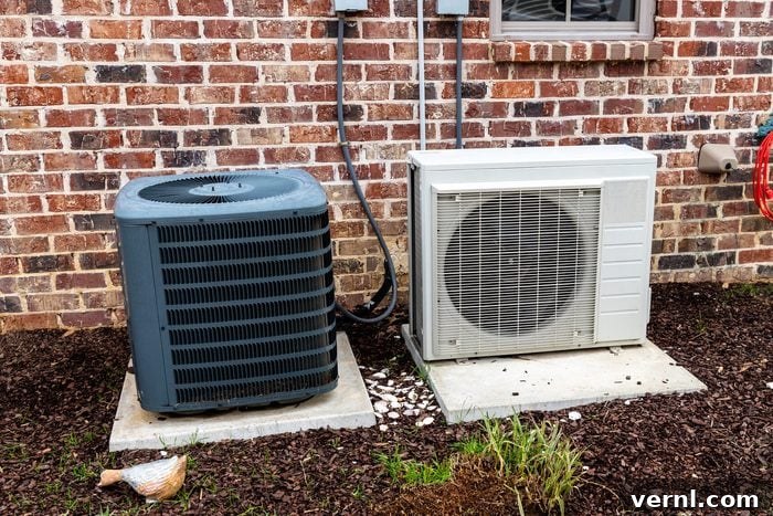Home Warranties The Truth About Their Value 2 Mini-split air conditioner unit and full Compressor next to home, with copy space