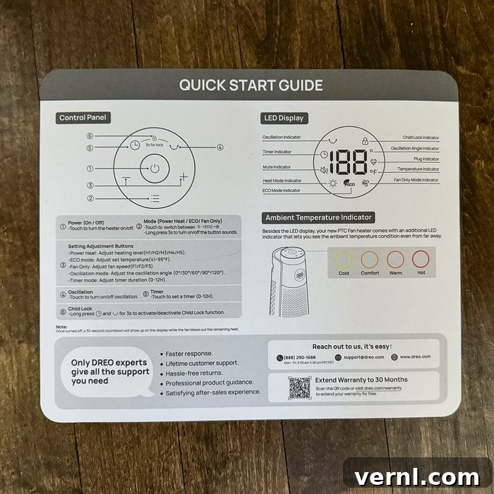 Dreo Uzay Isıtıcısı: Oda Isıtmada Bir Numaralı Tercihimiz 4 Quick start guide for a device showing labeled diagrams of the control panel and LED display, instructions for adjusting temperature and fan speed, and an ambient temperature indicator with color codes. Lays on a wooden surface.