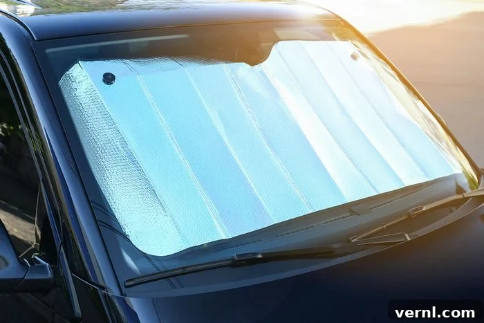 Beyond the Chill The Unexpected Value of Car Sun Shades 3 un shade under windshield inside car, closeup. Heat protection
