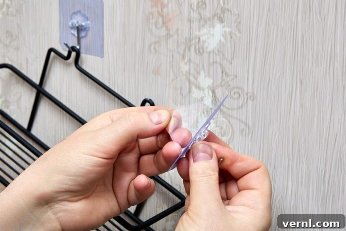 Your Guide to Damage-Free Temporary Hook Use 2 Adhesive hook being prepared for mounting a black wire bathroom shelf on a wall, illustrating careful installation