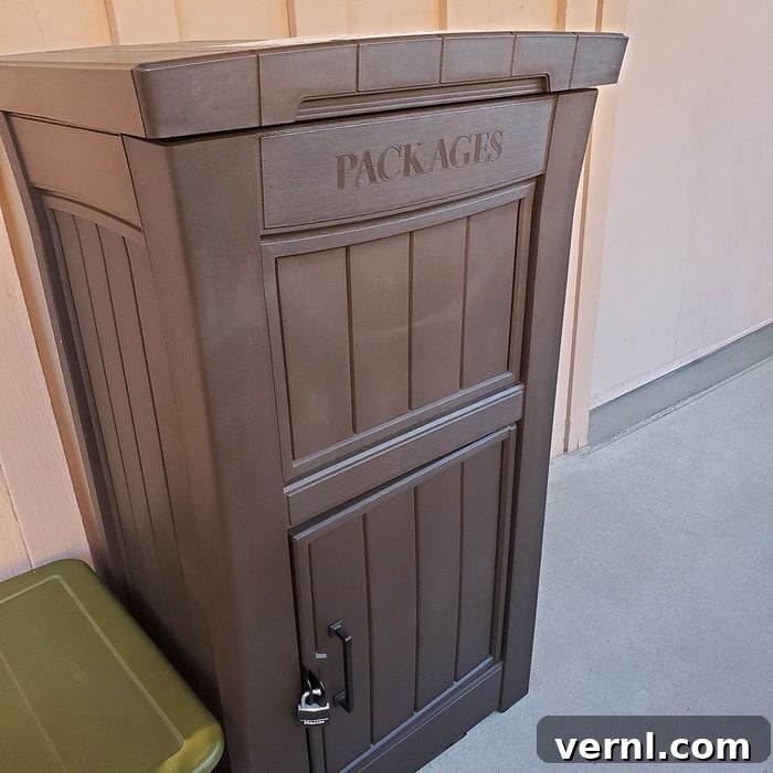 High-angle close-up of a padlocked package delivery box