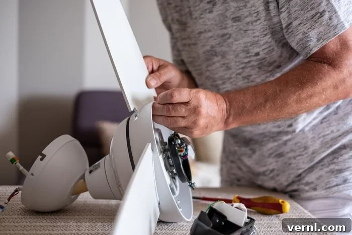 Ceiling Fan Blades Sagging Get Them Straight Again 2 Senior man works installing a paddle fan on the ceiling at home, home improvement and DIY concept