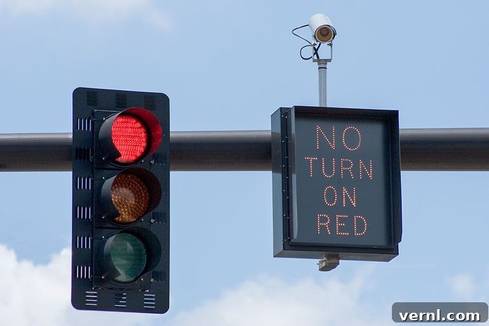 Red Light Laws Across America: What Drivers Need to Know 2 Red traffic light with "No Turn On Red" sign and intersection camera.