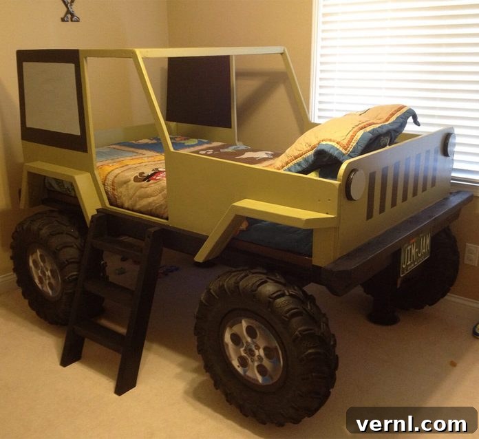 Boy enjoying his custom-built Jeep bed, showcasing its detailed off-road design and open cab