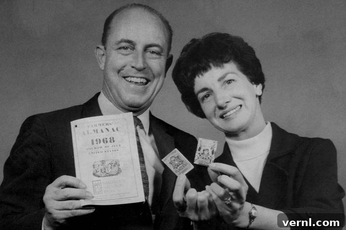 The End of an Era: Saying Goodbye to the "Farmer's Almanac" 2 Mr. And Mrs. Ray Geiger With Almanacs; He's holding the latest edition of Farmers' Almanac, and Mrs. Geiger shows two vest-pocket-size editions