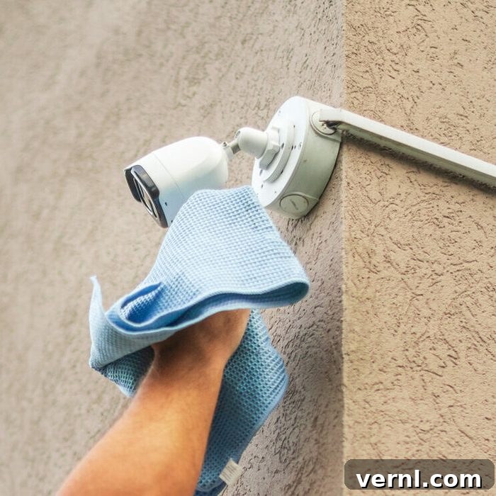 Technician cleaning a security camera on building facade