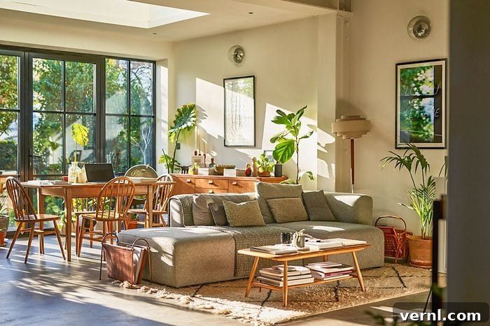 Open plan living space in residential house with natural light and retro furniture