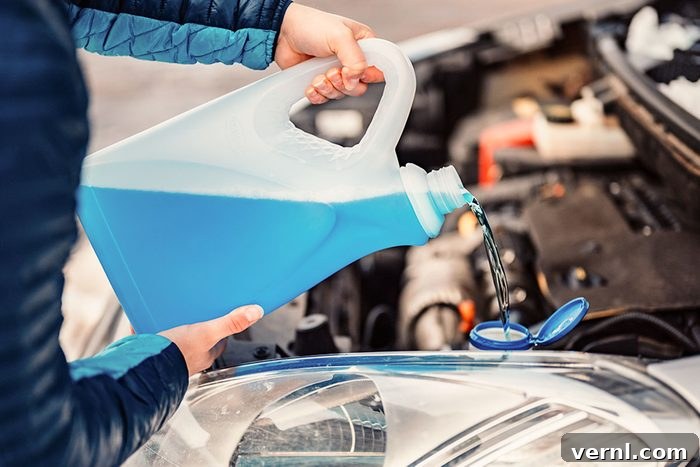 Phil Saw His Shadow: How to Beat the Winter Blues 2 Pouring antifreeze. Filling a windshield washer tank with an antifreeze in winter cold weather.