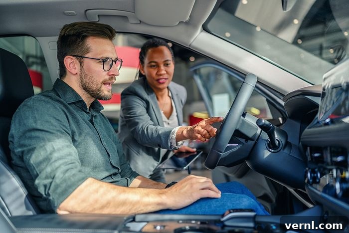 Saleswoman helping the male customer to choose a new car