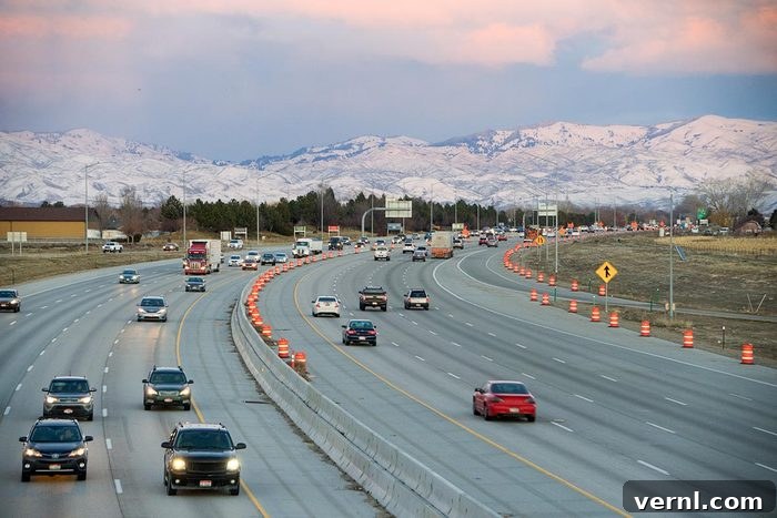 Scenic highway with snow-capped mountains in Idaho