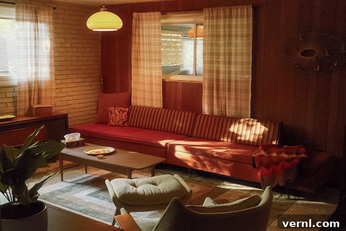 A renovated basement featuring warm wood paneling, a bar area, and inviting colors, reflecting a mid-century aesthetic.