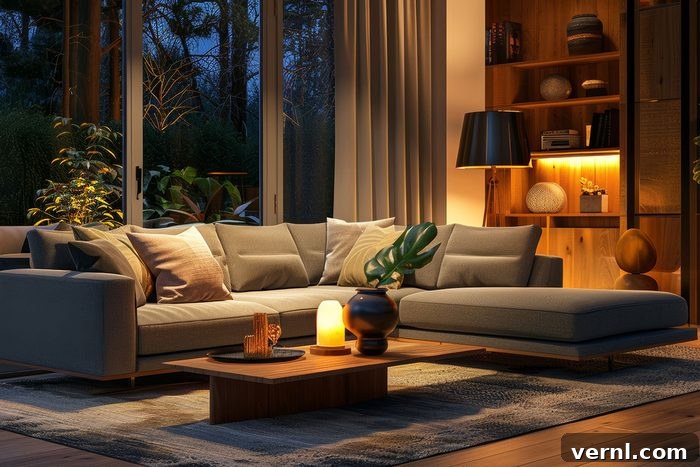 Winter Retreat: Home Design Tips to Cultivate Warmth and Cheer 2 Interior of modern living room with grey sofa, wooden coffee table and glowing lamps at evening