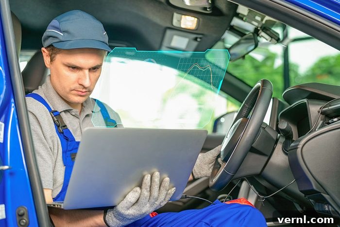 The 3 Most Pressing Car Issues for Drivers in 2026 2 A technician connects a laptop to a car's electronic system, checking data from the engine for diagnostics and software updates.