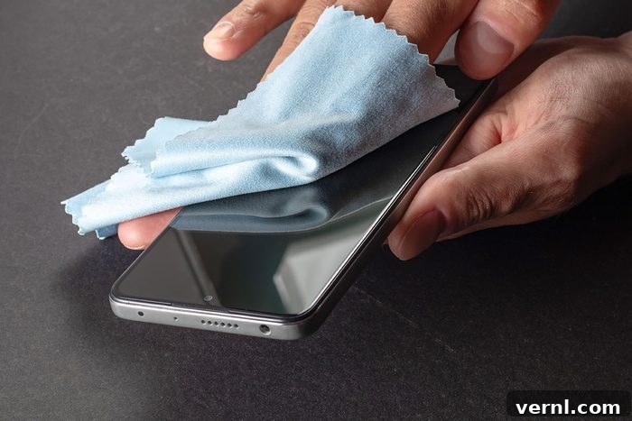 Is Glass Cleaner Safe for Phone Screens 2 Cleaning the smartphone screen with a fiber cloth from dirt dust and other external factors.