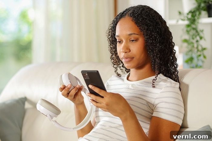 Black woman pairing wireless headphone with smart phone