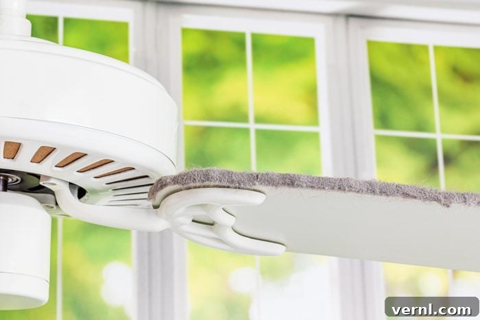 Is Your Home's Air Conditioner Secretly Sabotaging Your Health 2 Dirty ceiling fan blade. Housekeeping, indoor allergies and spring cleaning concept