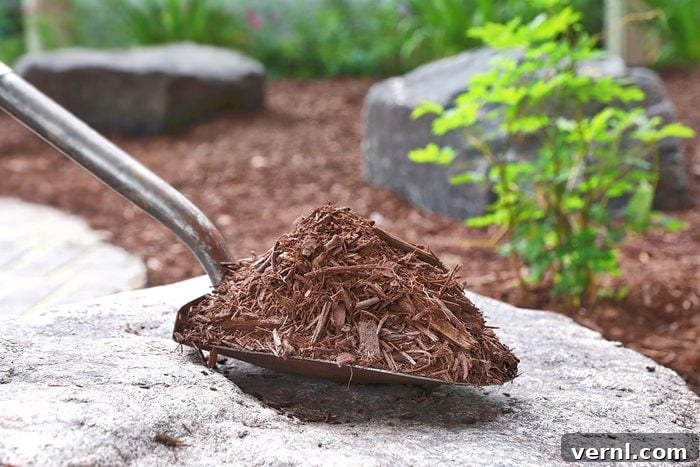 Early Spring Weed Control Your Essential Guide 2 Close up of shovel filled with mulch in back yard garden
